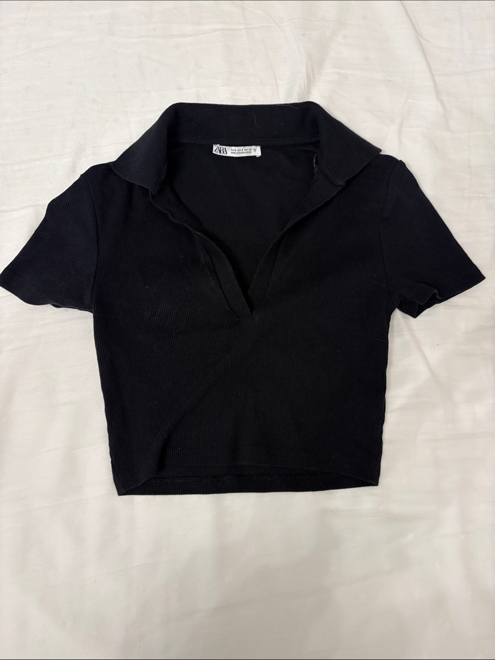 Zara Black Ribbed Notch-Collar Crop Top